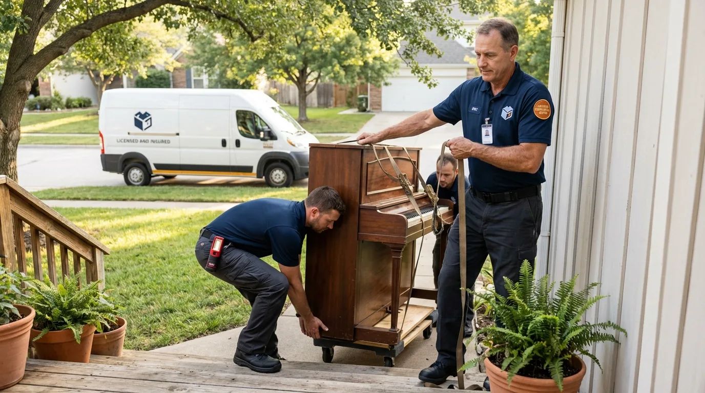 Licensed piano movers securing grand piano in Lynchburg, VA