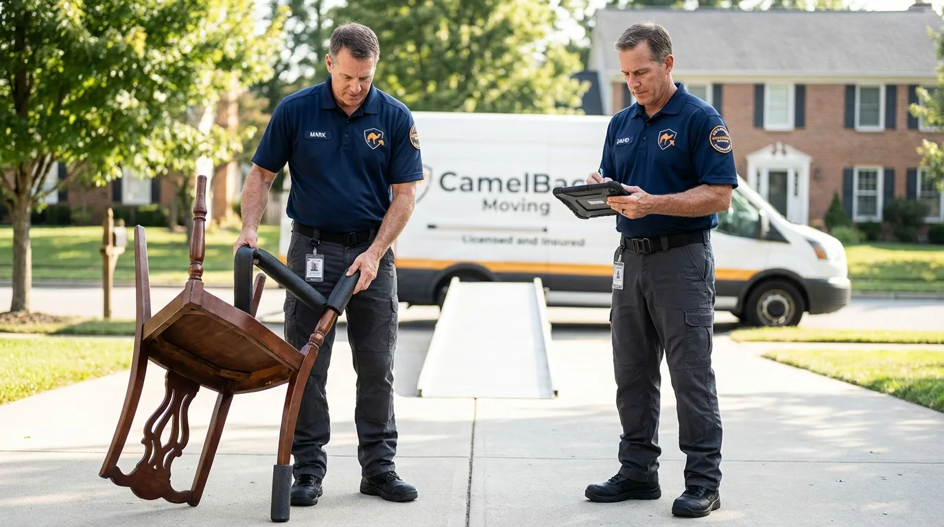 Movers inspecting furniture for damage prevention before loading in Lynchburg, VA