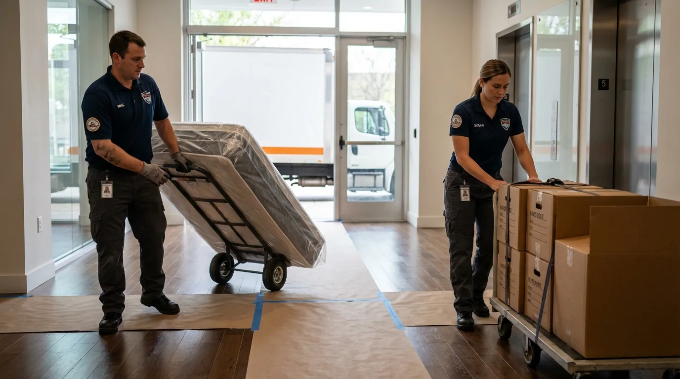 Professional apartment movers loading elevator in Lynchburg, VA
